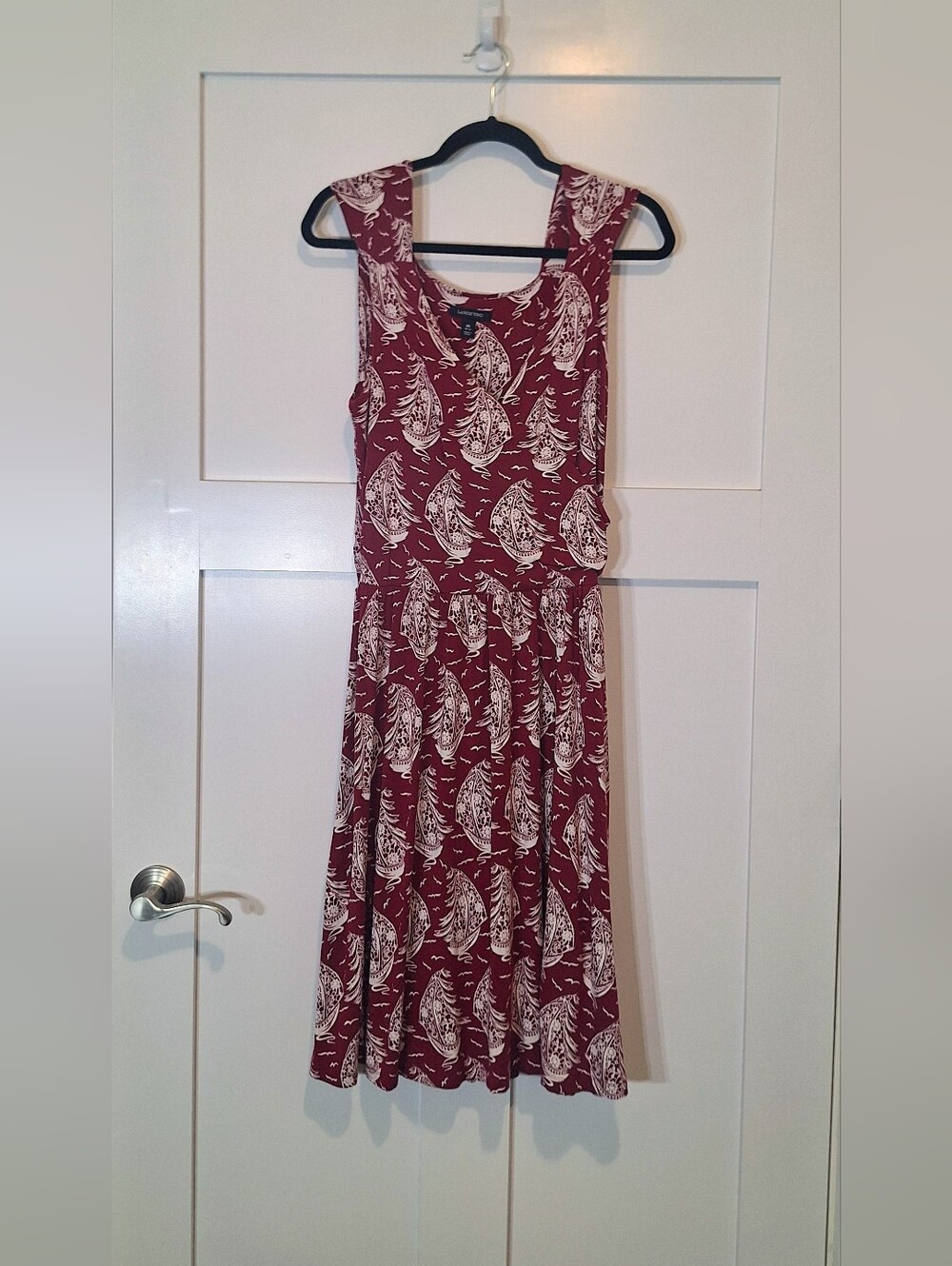 Lands' End Sailboat Print Midi Dress Faux Wrap Front Ruched Sides Maroon White M